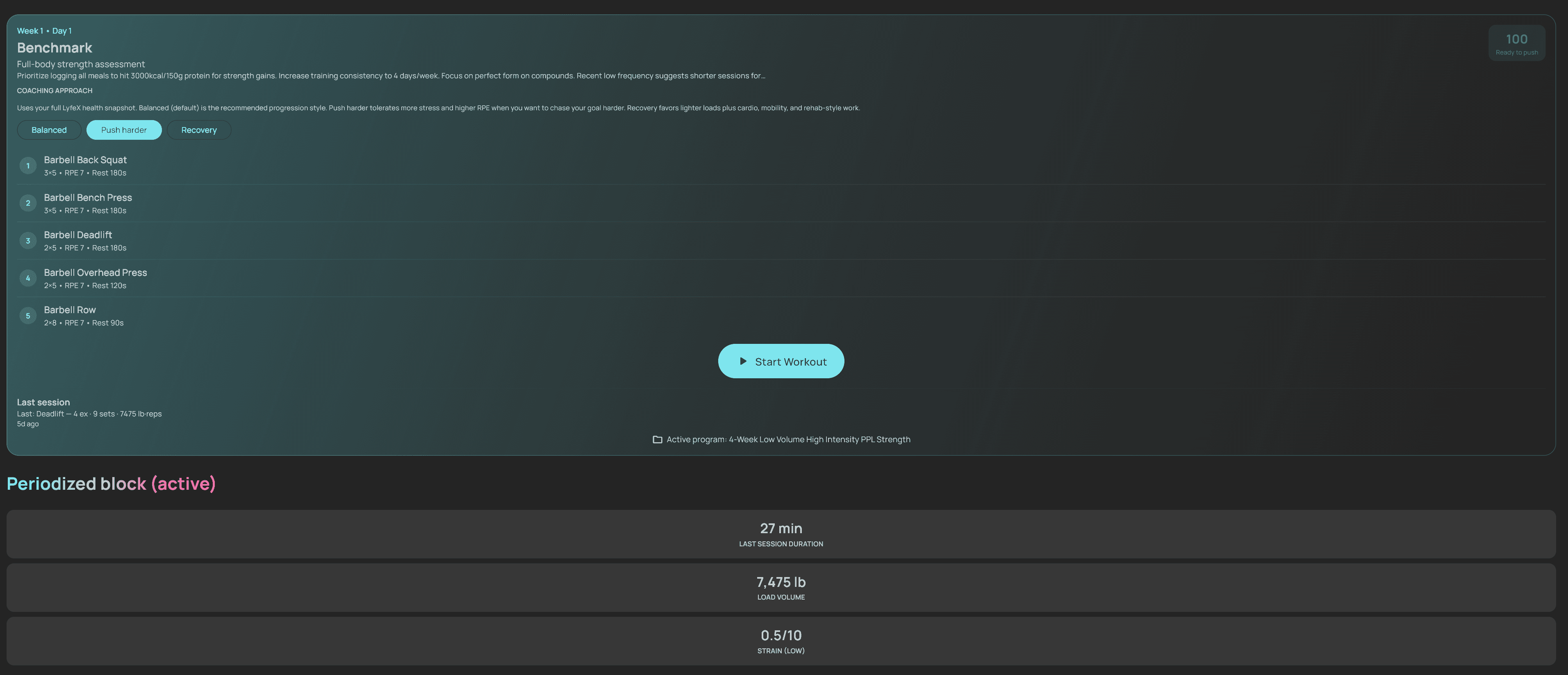 Fitness app interface displaying a benchmark strength workout plan and previous session performance metrics.